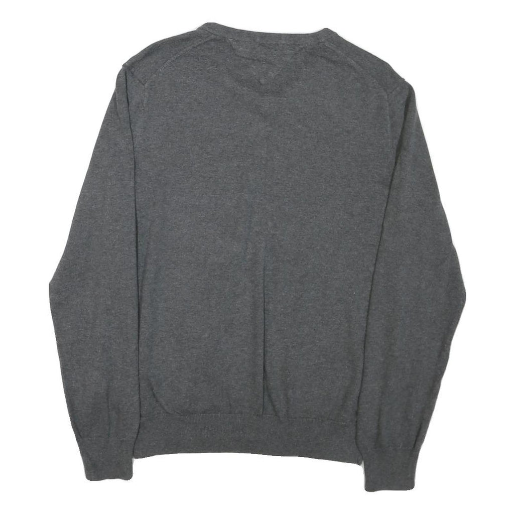 TOMMY HILFIGER Mens Grey Jumper Plain V-Neck Basic Knit L Classic Cotton Blend