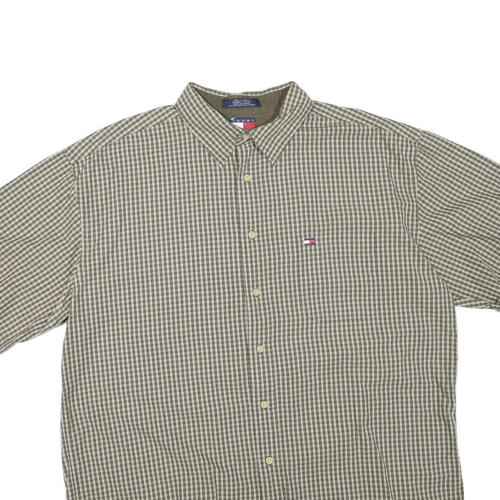 TOMMY HILFIGER Mens Green & White Check Shirt XL Classic Fit Embroidered Logo
