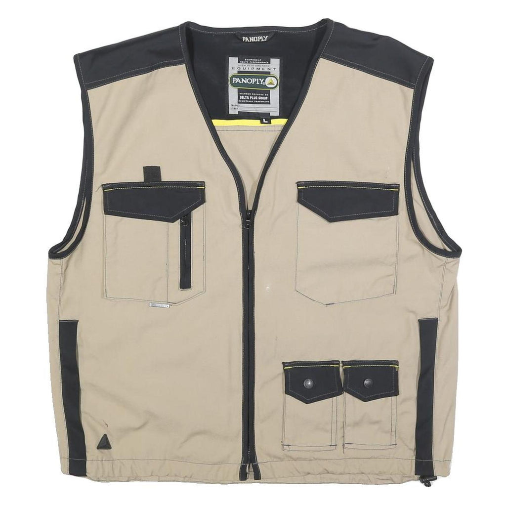 PANOPLY Mens Beige & Black Cotton Blend Zip Jacket L Casual Utility Vest
