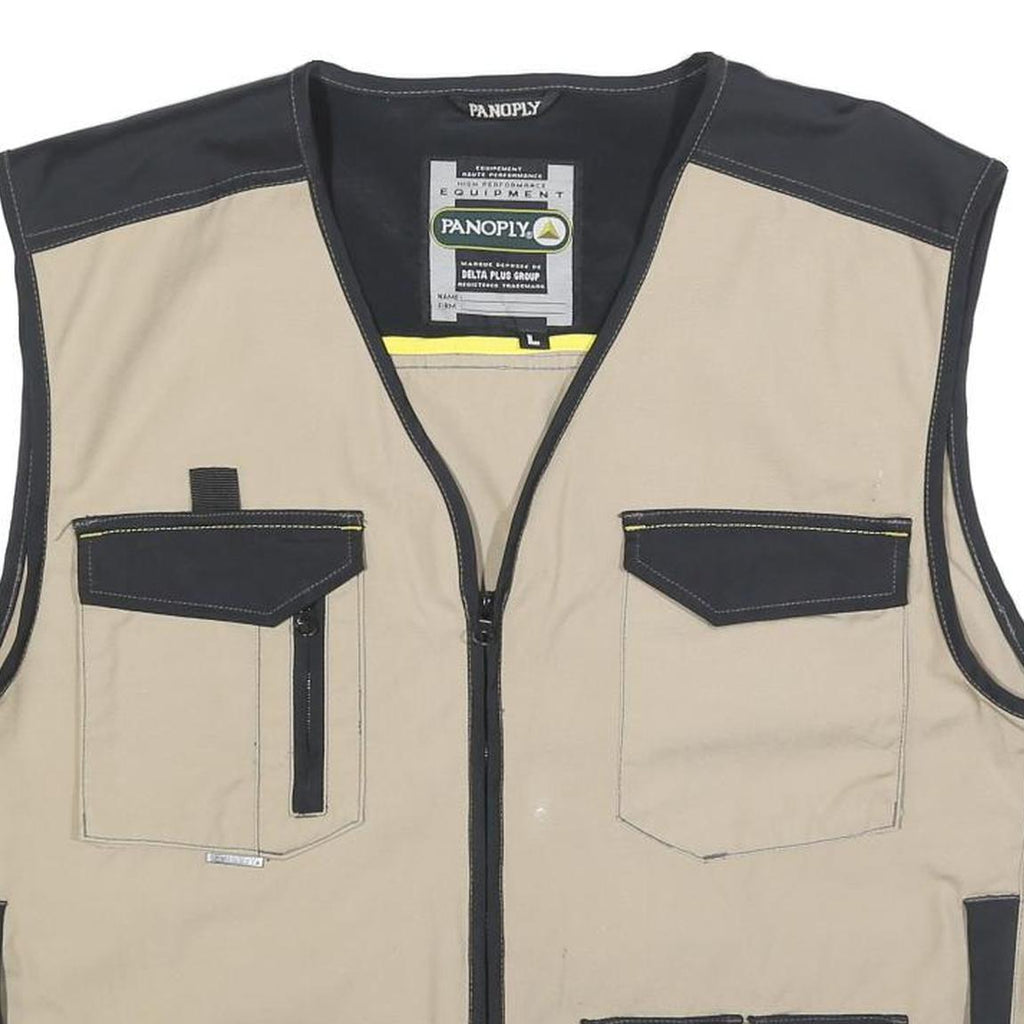 PANOPLY Mens Beige & Black Cotton Blend Zip Jacket L Casual Utility Vest