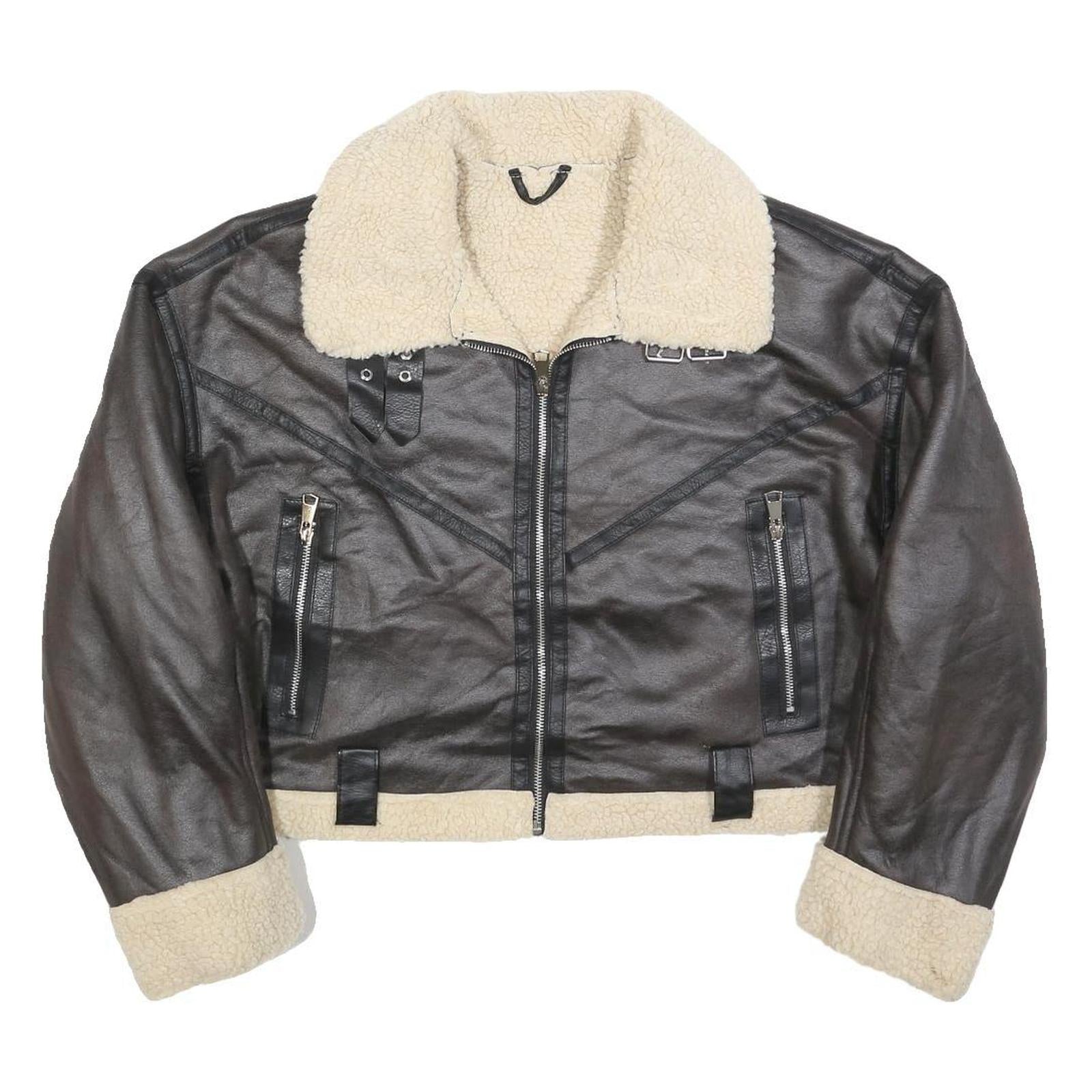 Womens Black Faux Leather Jacket XL Polyester Blend Plain Zip Collar Long Sleeve