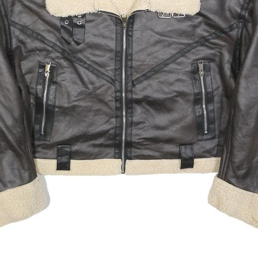 Womens Black Faux Leather Jacket XL Polyester Blend Plain Zip Collar Long Sleeve