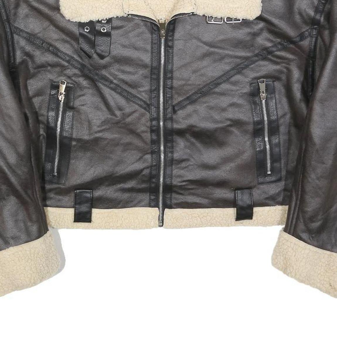 Womens Black Faux Leather Jacket XL Polyester Blend Plain Zip Collar Long Sleeve