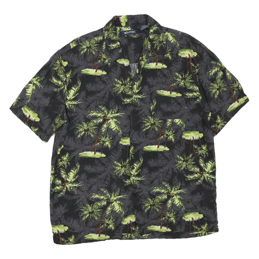 PURITAN Mens Black & Green Palm Tree Print Cotton Blend Shirt M Summer Casual