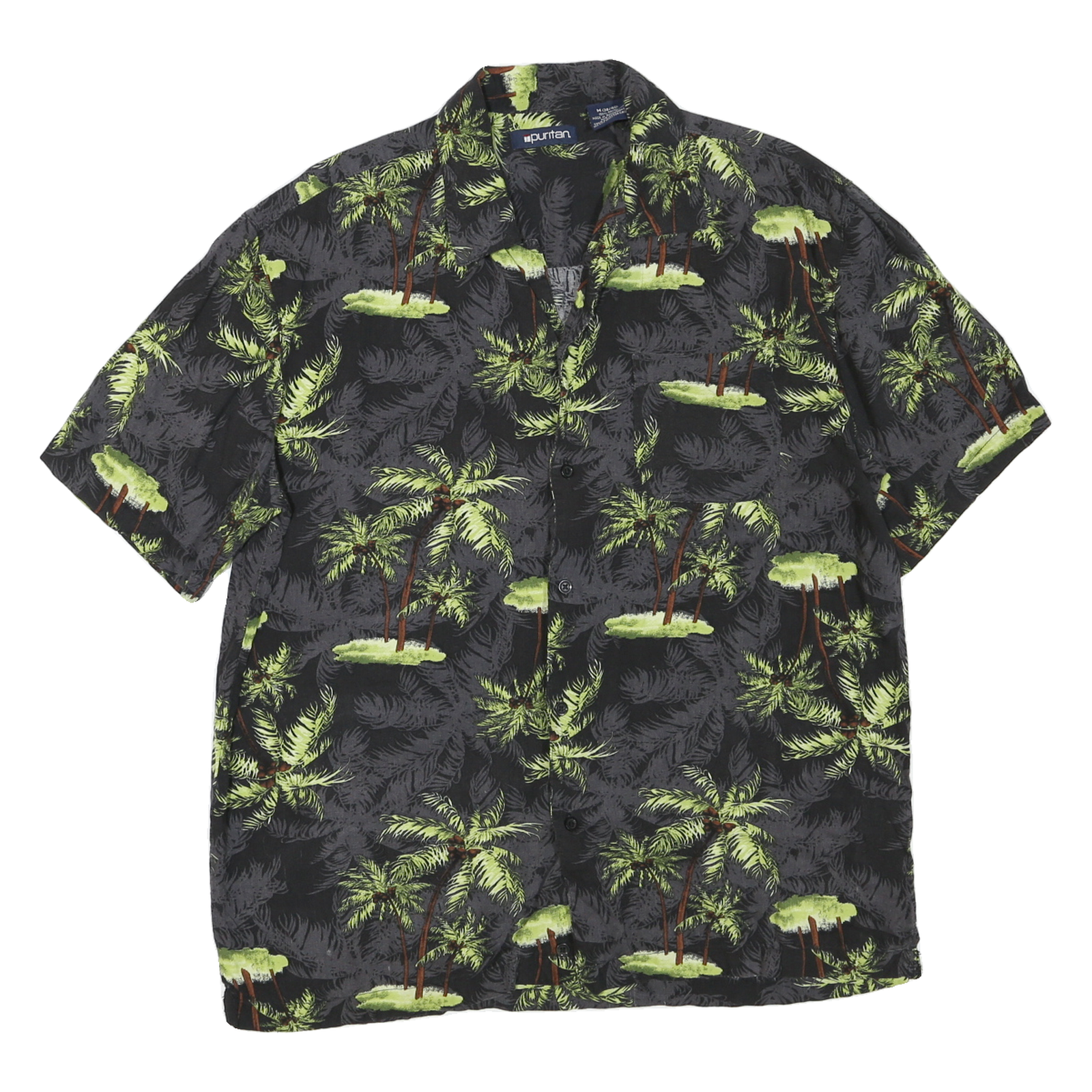 PURITAN Mens Black & Green Palm Tree Print Cotton Blend Shirt M Summer Casual