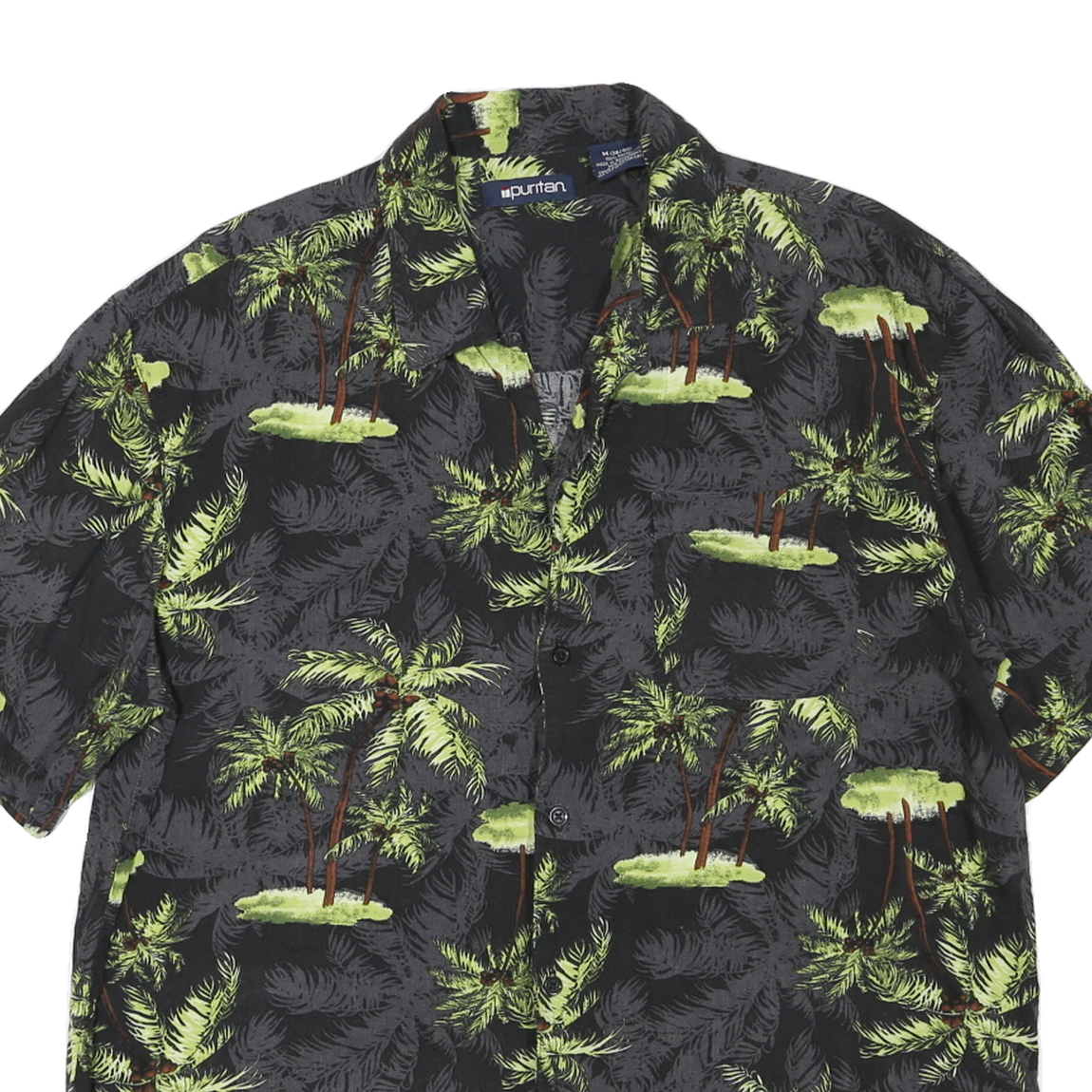 PURITAN Mens Black & Green Palm Tree Print Cotton Blend Shirt M Summer Casual