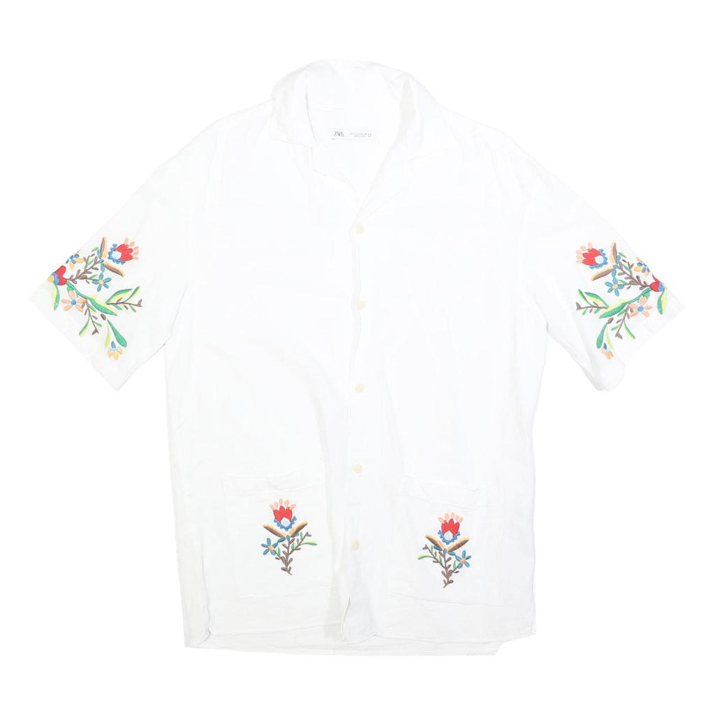 ZARA Womens White Embroidered Shirt Short Sleeve Collared S Floral Design