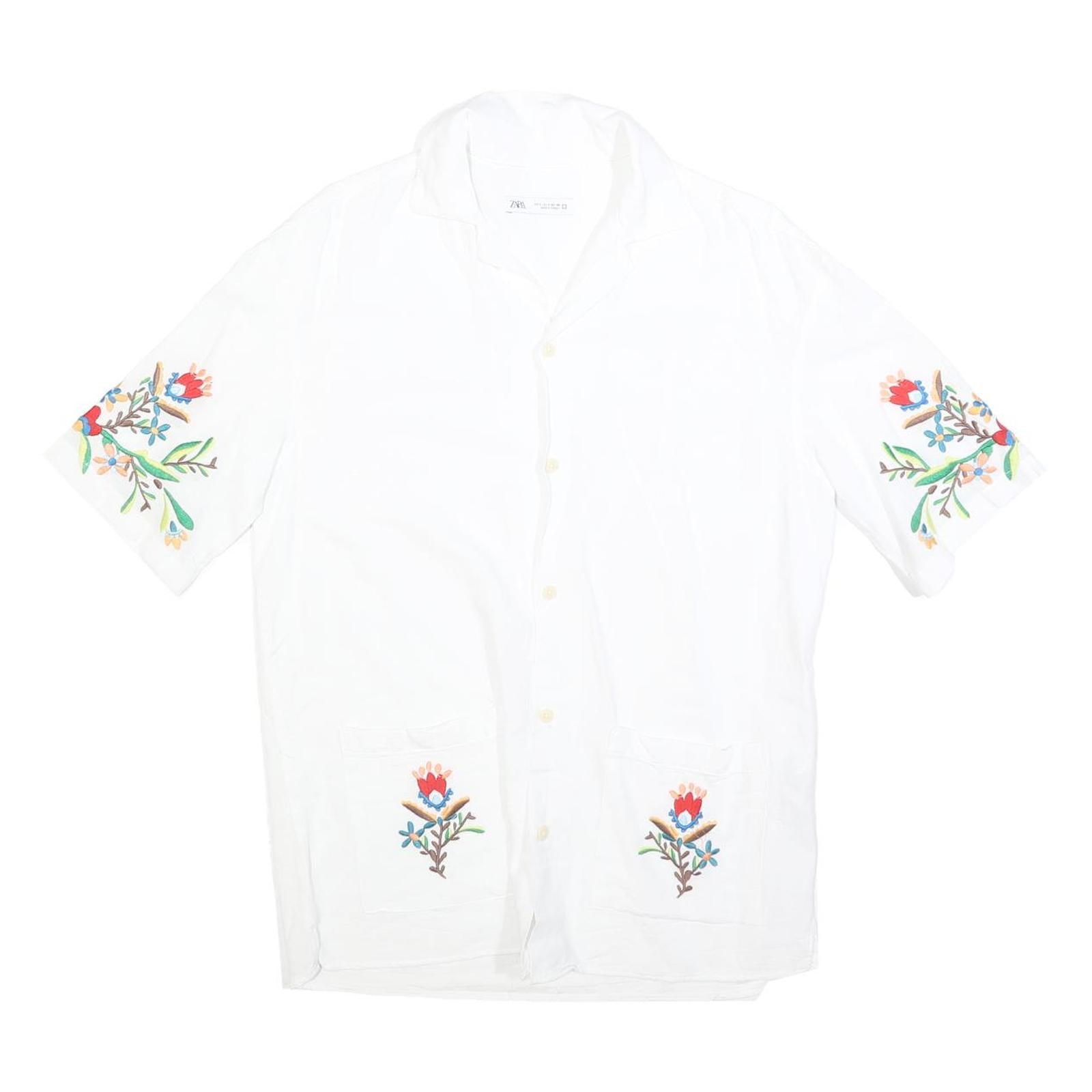 ZARA Womens White Embroidered Shirt Short Sleeve Collared S Floral Design