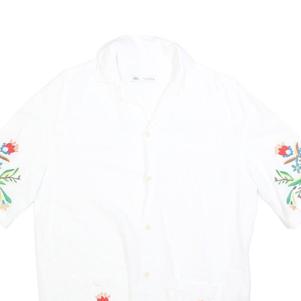 ZARA Womens White Embroidered Shirt Short Sleeve Collared S Floral Design