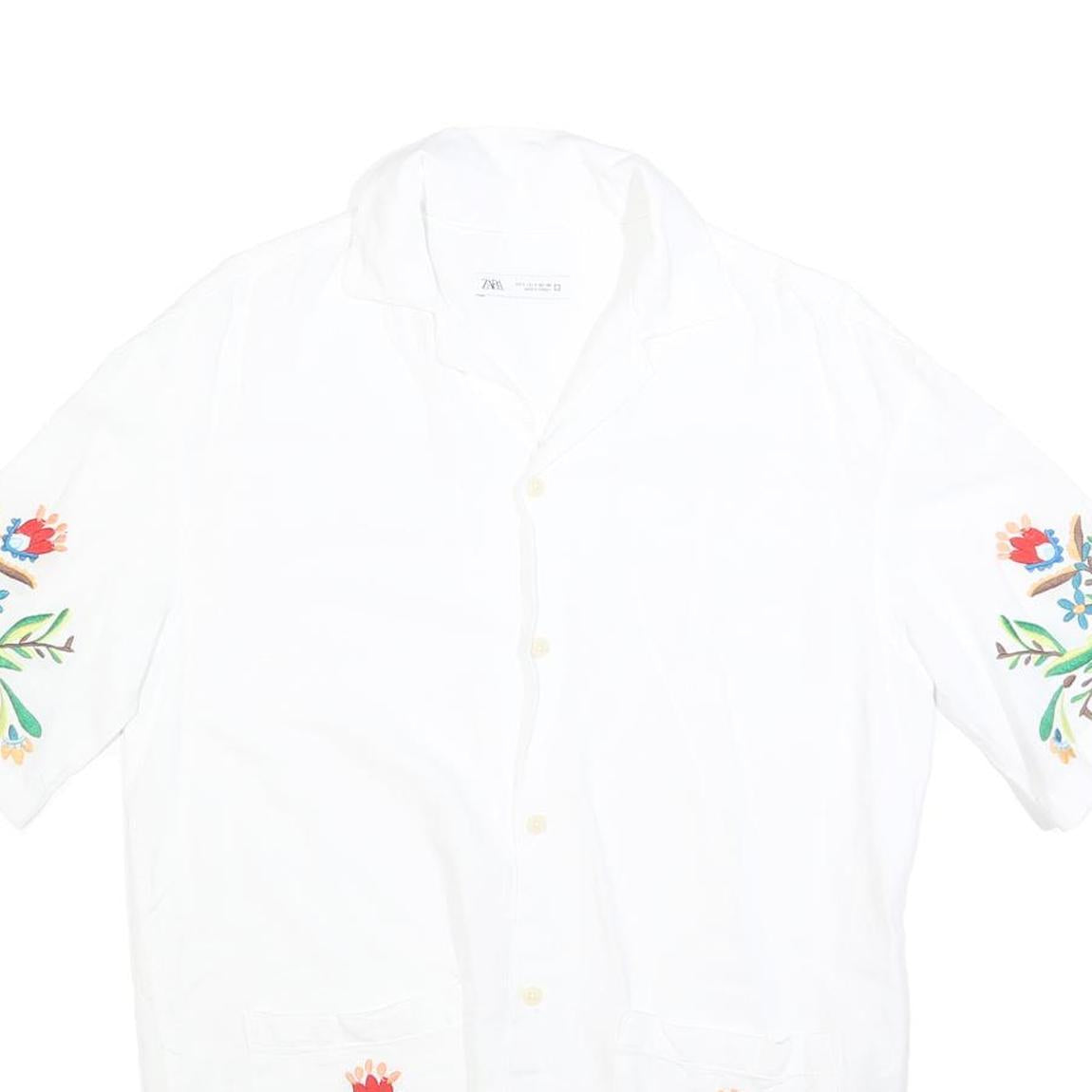 ZARA Womens White Embroidered Shirt Short Sleeve Collared S Floral Design