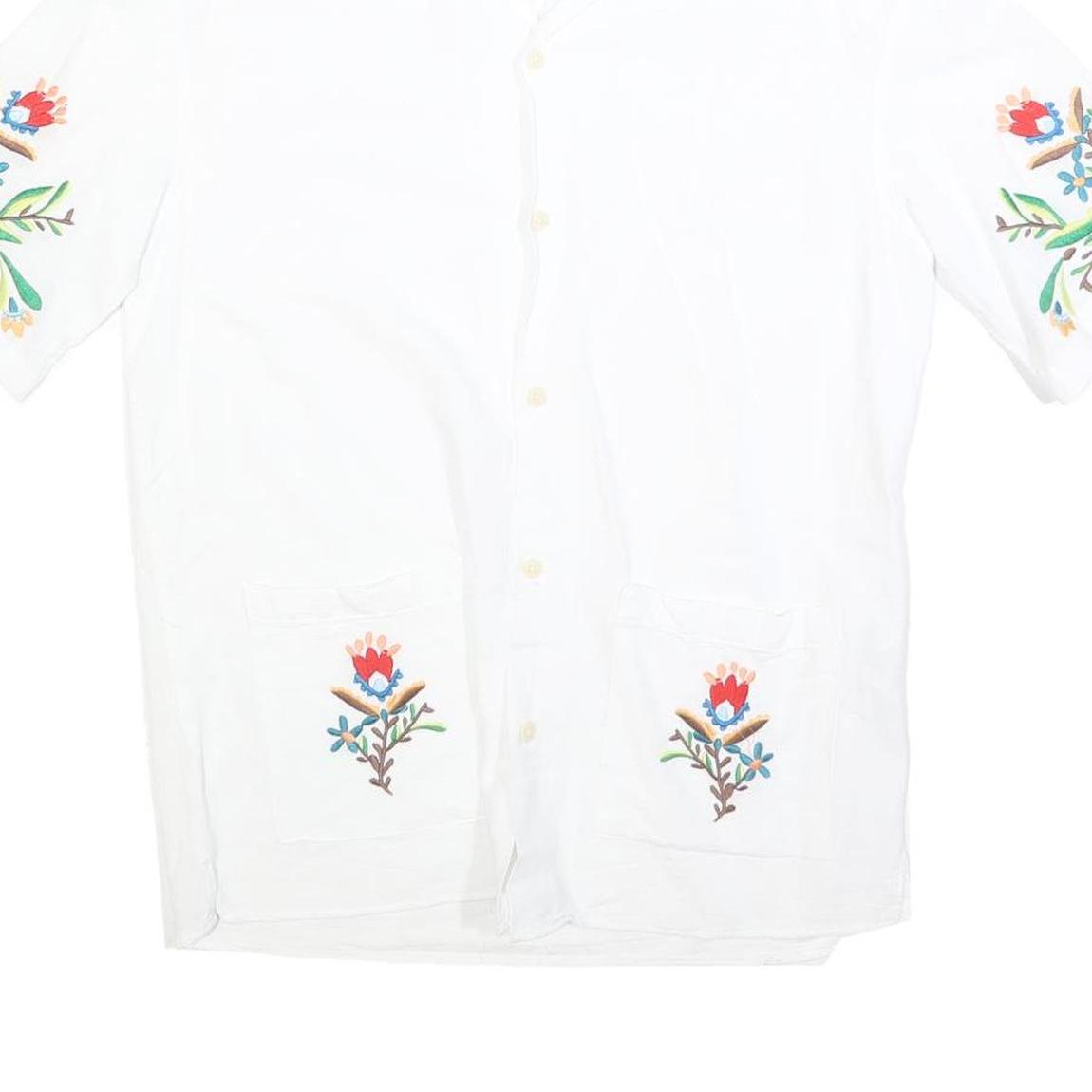 ZARA Womens White Embroidered Shirt Short Sleeve Collared S Floral Design