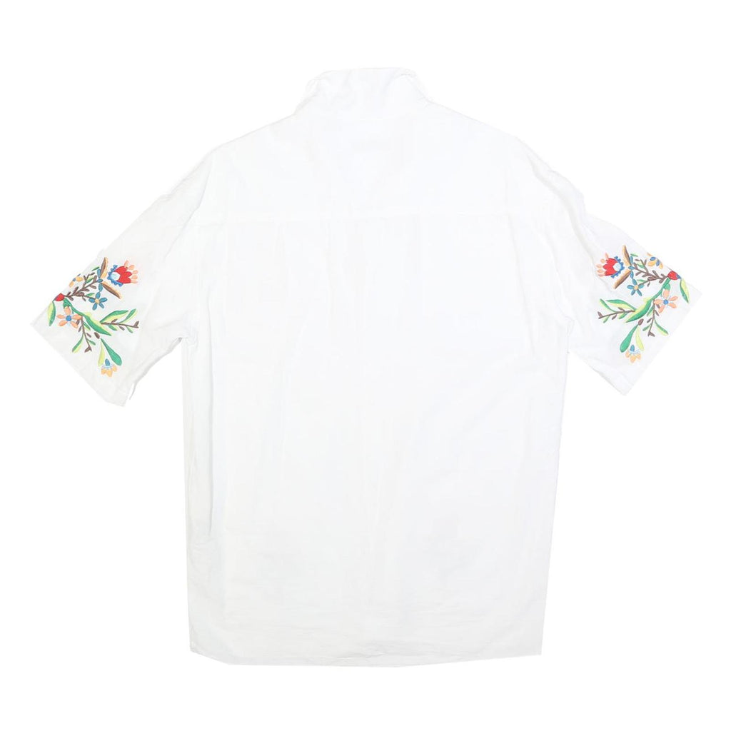 ZARA Womens White Embroidered Shirt Short Sleeve Collared S Floral Design