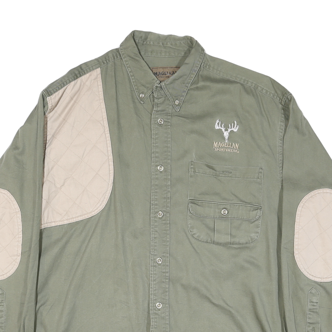 MAGELAN Mens Green & Beige Cotton Blend Shirt L Quilted Shoulder Elbow Patch