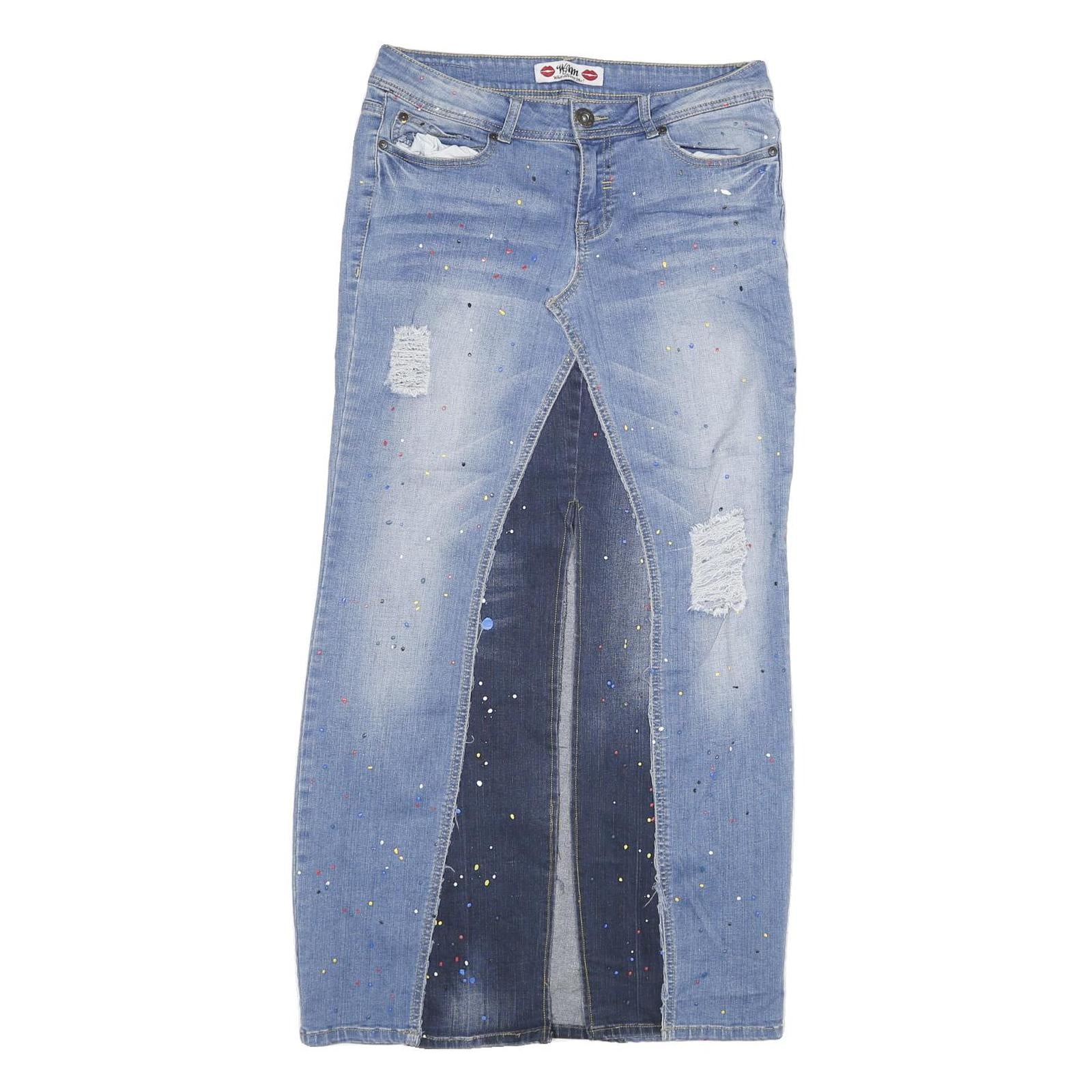 WAM Womens Blue Denim Paint Splatter Midi Skirt XL Distressed Casual