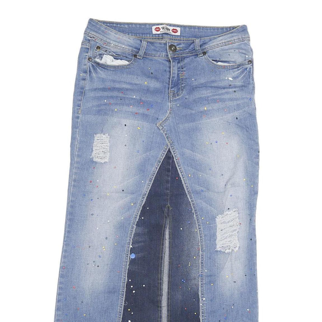 WAM Womens Blue Denim Paint Splatter Midi Skirt XL Distressed Casual