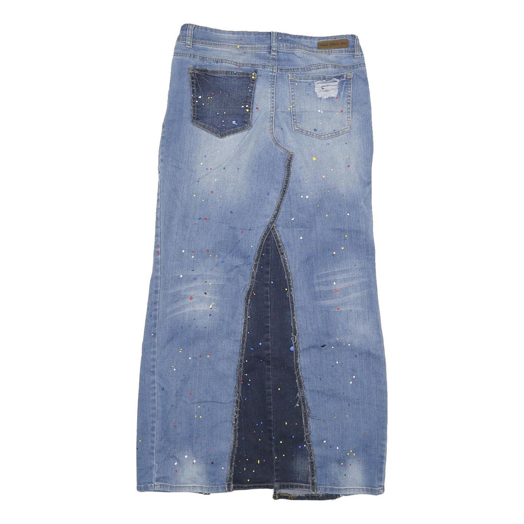 WAM Womens Blue Denim Paint Splatter Midi Skirt XL Distressed Casual