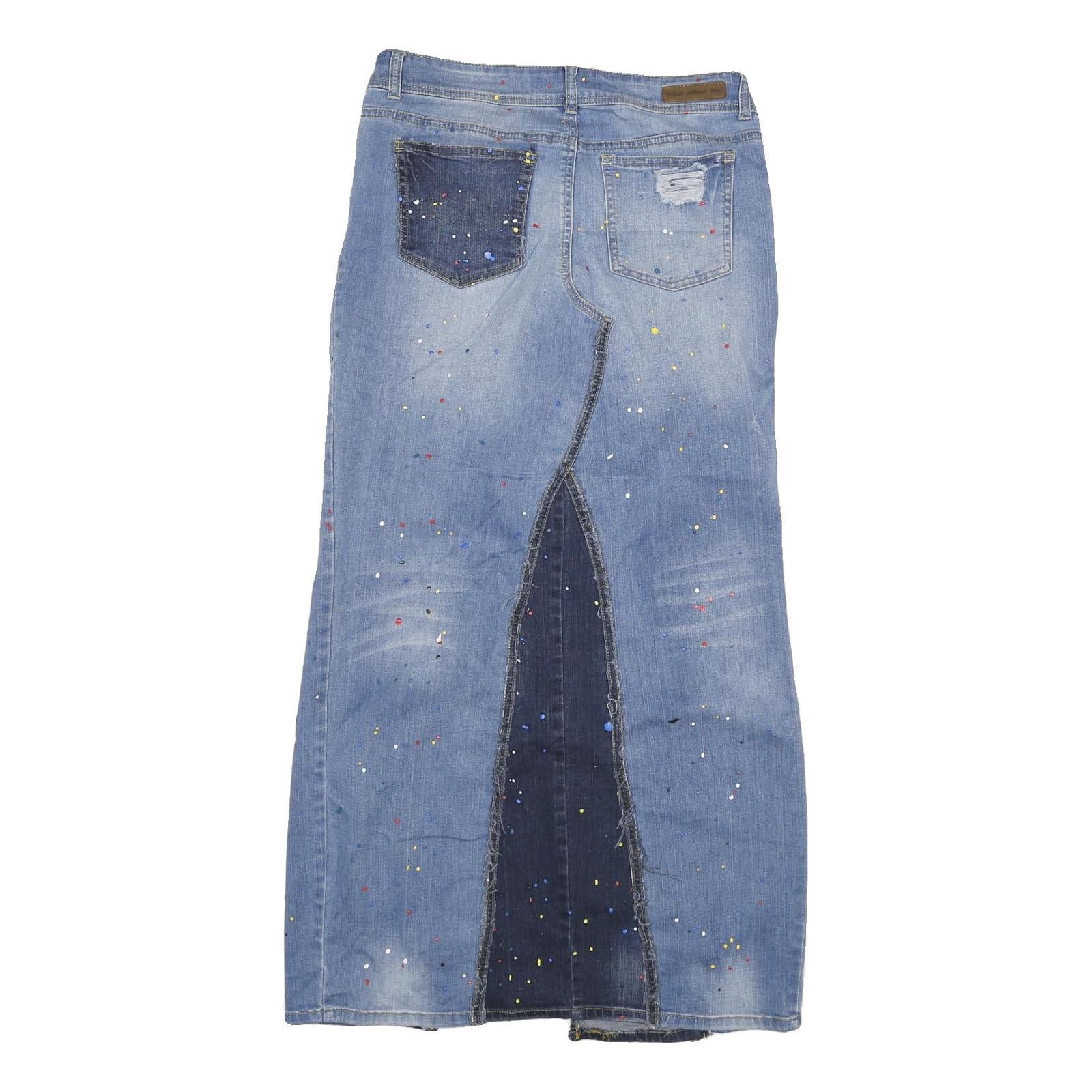 WAM Womens Blue Denim Paint Splatter Midi Skirt XL Distressed Casual