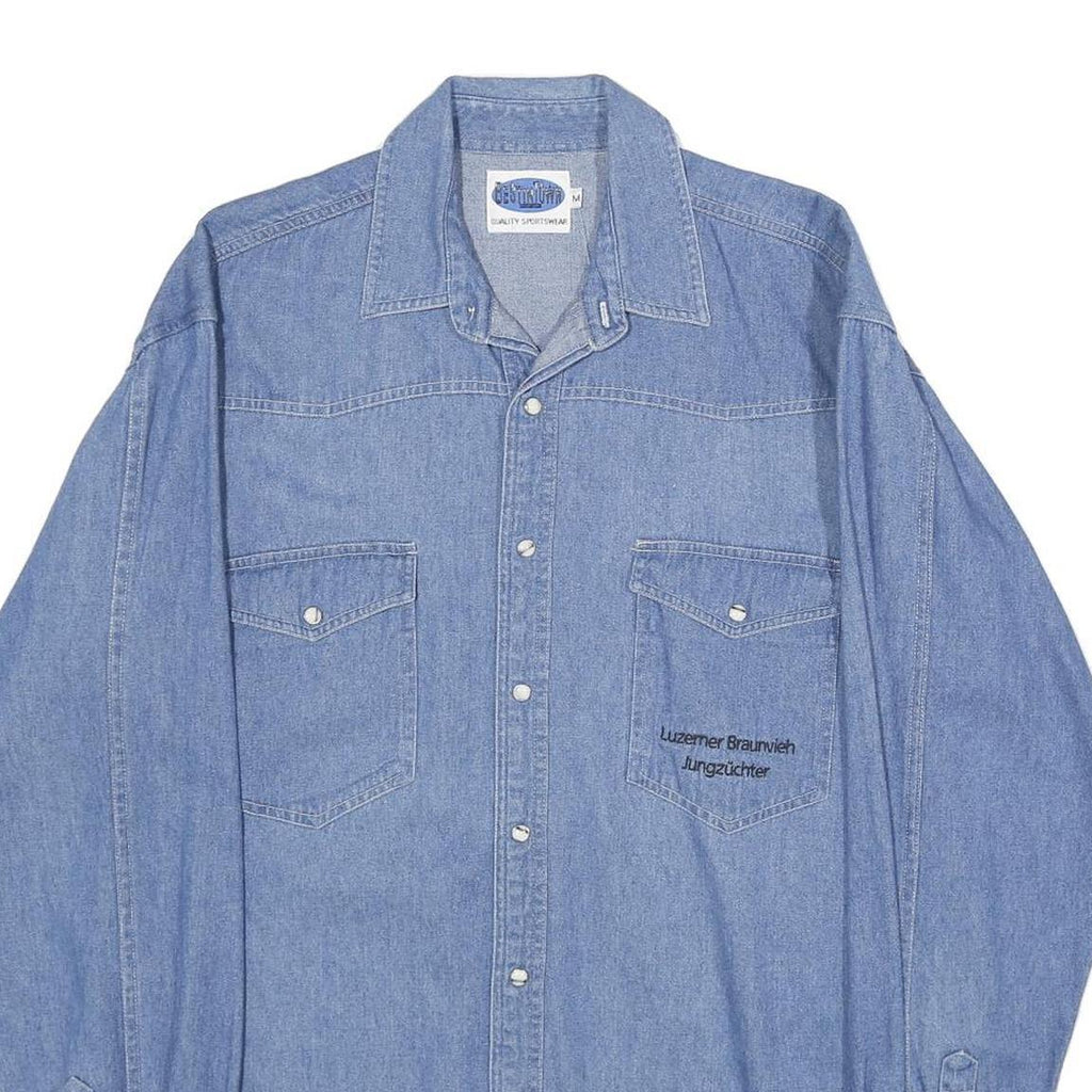 BEST IN TOWN Mens Blue Denim Cotton Shirt M Embroidered Cow Graphic