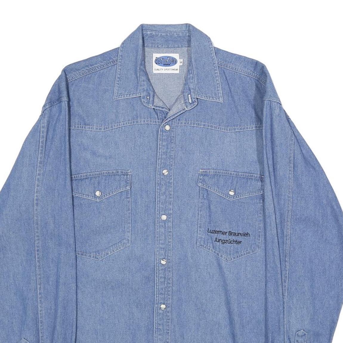 BEST IN TOWN Mens Blue Denim Cotton Shirt M Embroidered Cow Graphic