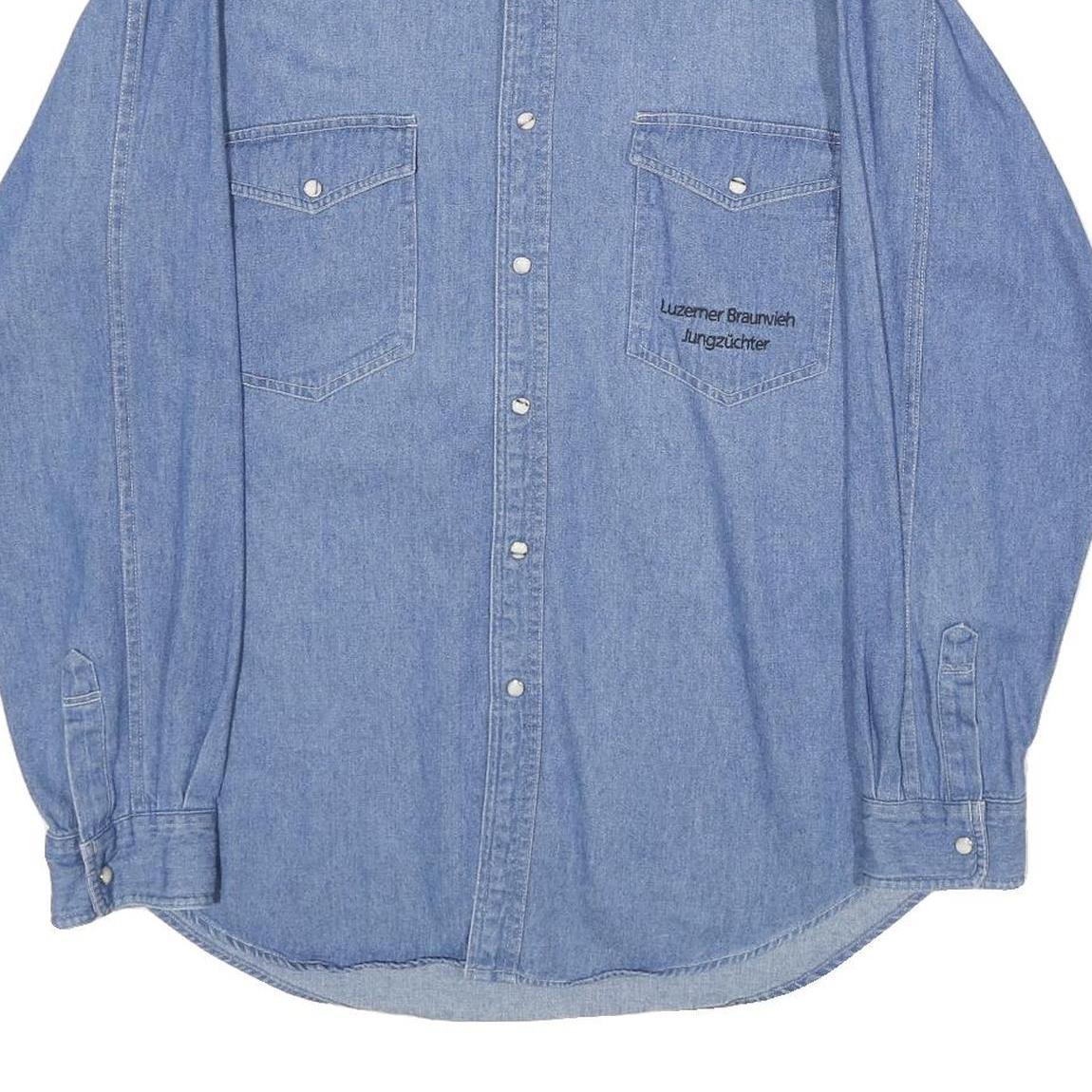 BEST IN TOWN Mens Blue Denim Cotton Shirt M Embroidered Cow Graphic