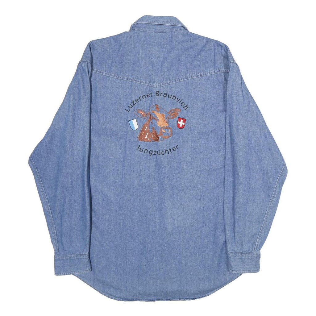 BEST IN TOWN Mens Blue Denim Cotton Shirt M Embroidered Cow Graphic