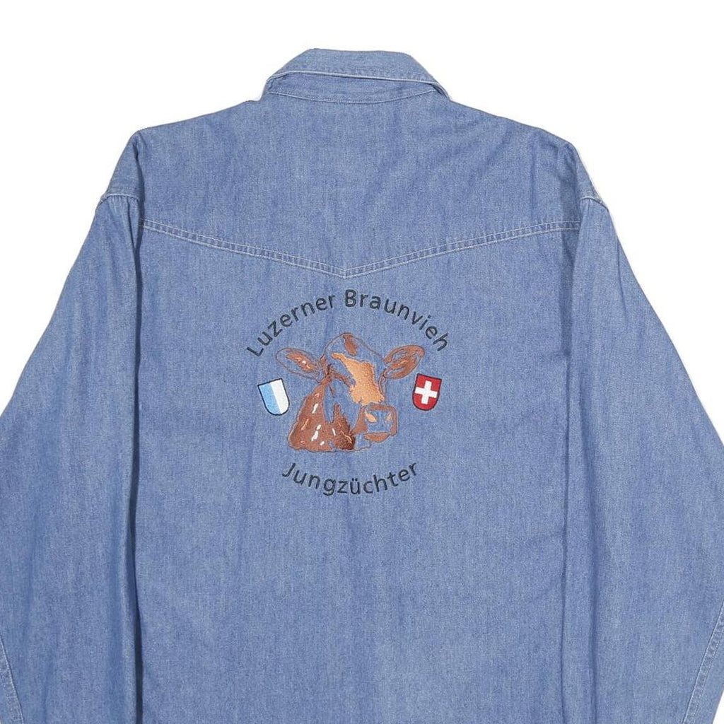 BEST IN TOWN Mens Blue Denim Cotton Shirt M Embroidered Cow Graphic