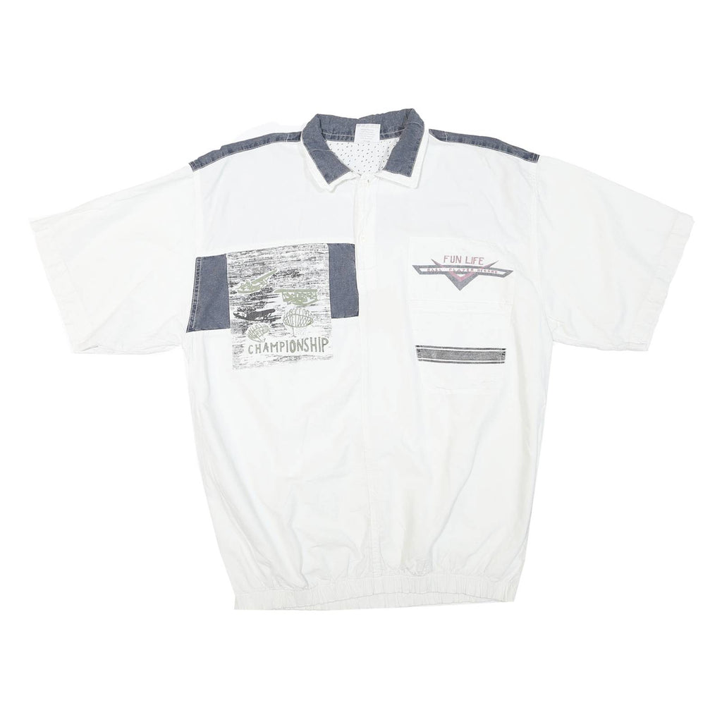 Mens White & Grey Graphic Casual Short Sleeve Polo Shirt L Cotton Summer Top