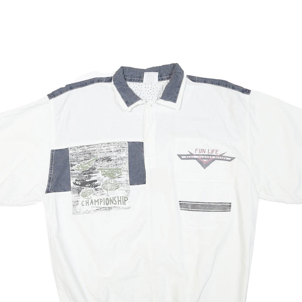 Mens White & Grey Graphic Casual Short Sleeve Polo Shirt L Cotton Summer Top