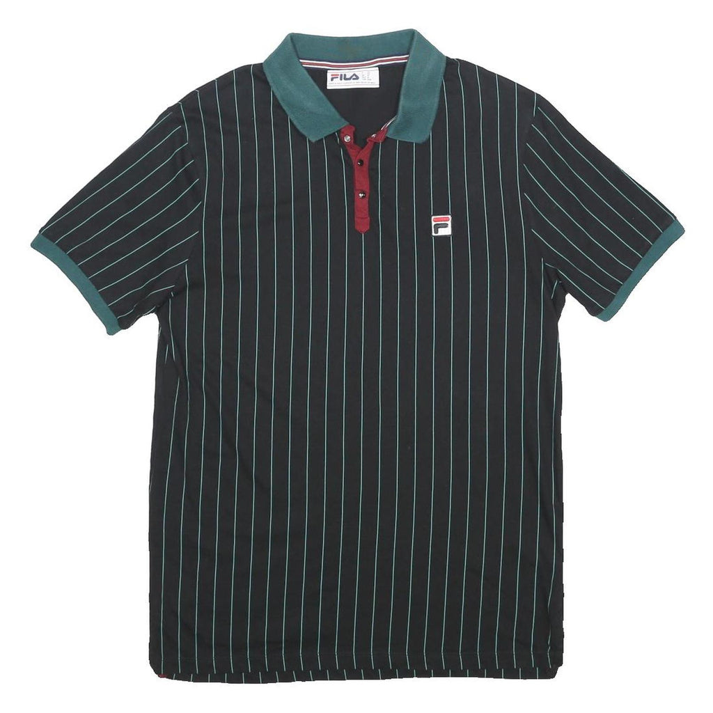 FILA Mens Black Green Stripe Short Sleeve Polo Shirt M Cotton Classic Sports