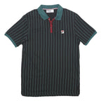 FILA Mens Black Green Stripe Short Sleeve Polo Shirt M Cotton Classic Sports