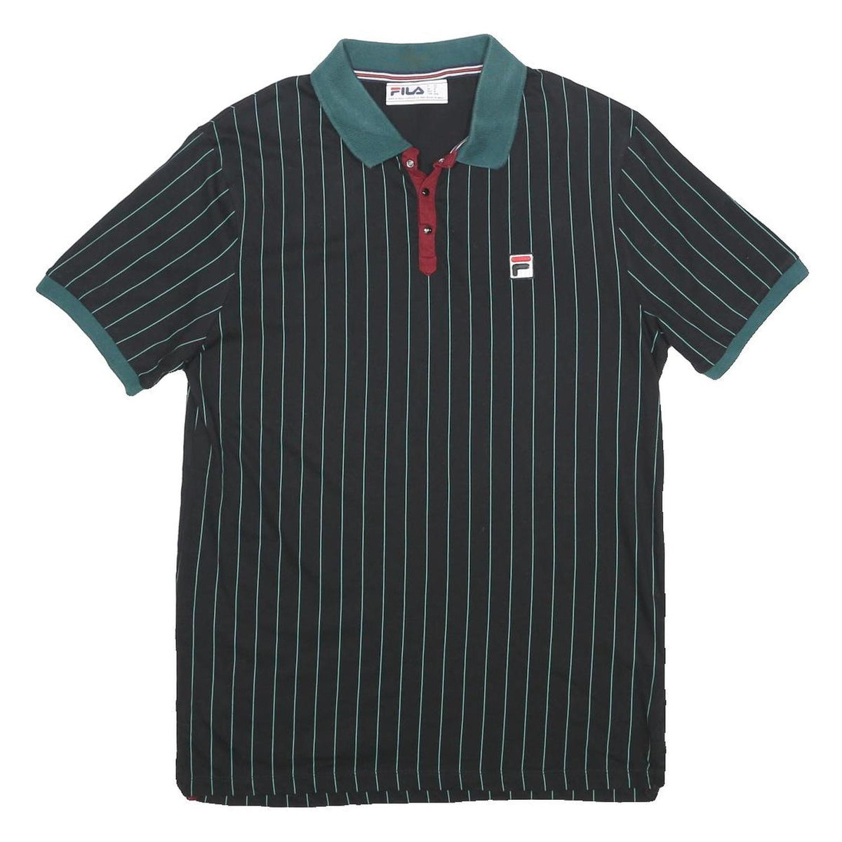 FILA Mens Black Green Stripe Short Sleeve Polo Shirt M Cotton Classic Sports