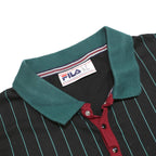 FILA Mens Black Green Stripe Short Sleeve Polo Shirt M Cotton Classic Sports