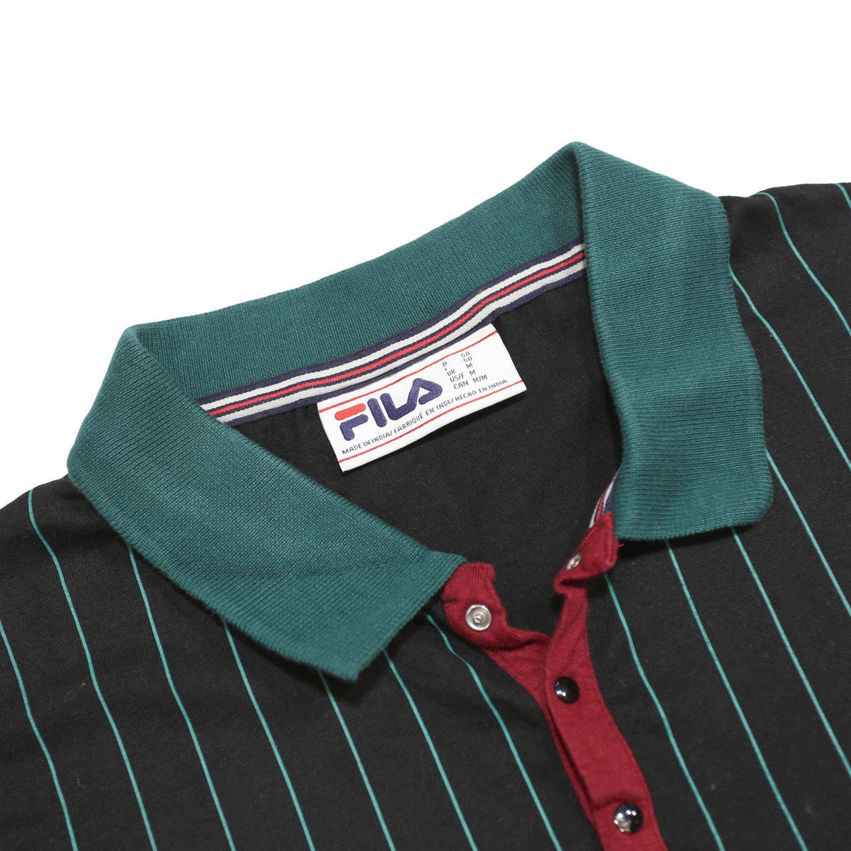FILA Mens Black Green Stripe Short Sleeve Polo Shirt M Cotton Classic Sports