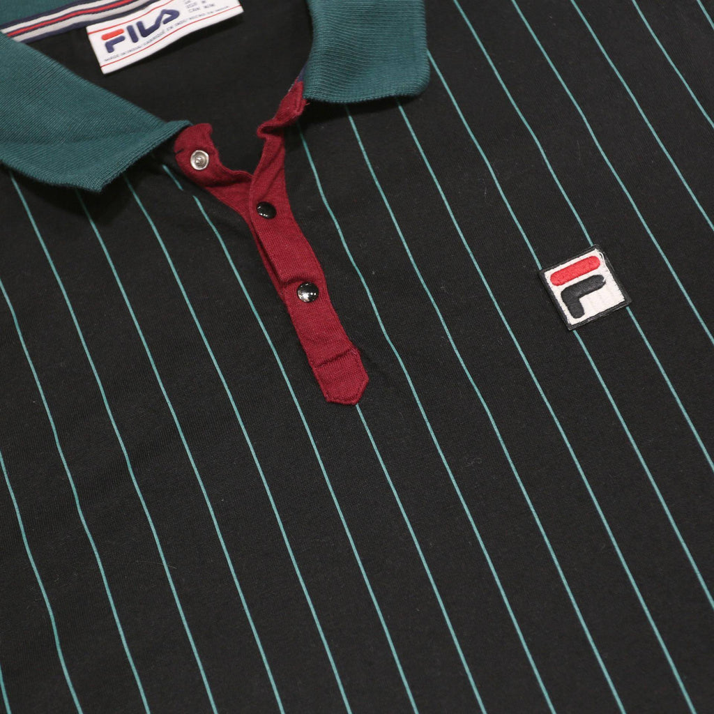 FILA Mens Black Green Stripe Short Sleeve Polo Shirt M Cotton Classic Sports