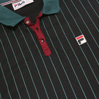 FILA Mens Black Green Stripe Short Sleeve Polo Shirt M Cotton Classic Sports
