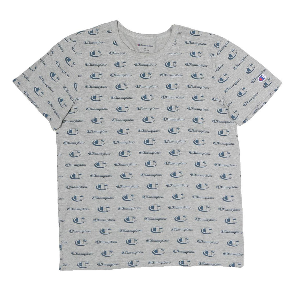 CHAMPION Mens Grey & Blue Logo Print T-Shirt M Short Sleeve Crew Neck Cotton