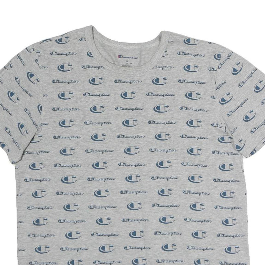 CHAMPION Mens Grey & Blue Logo Print T-Shirt M Short Sleeve Crew Neck Cotton