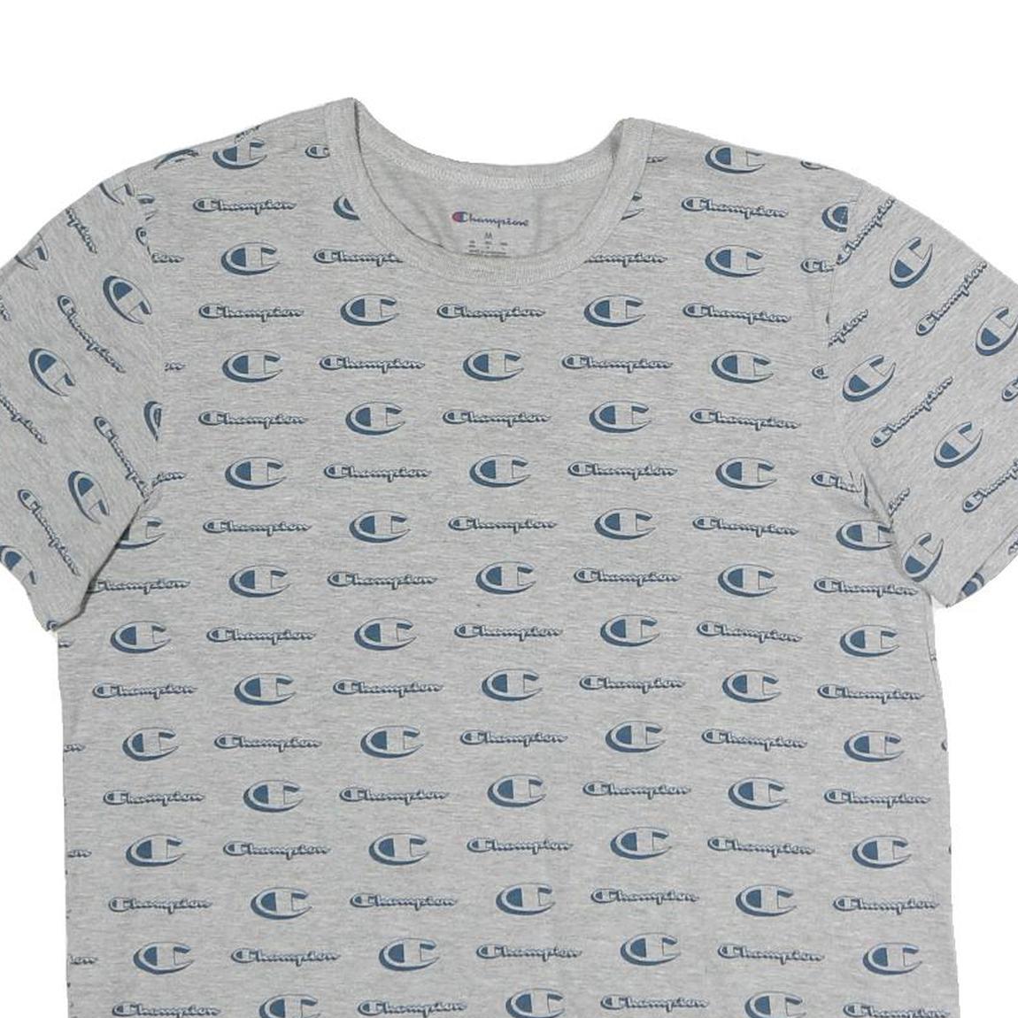 CHAMPION Mens Grey & Blue Logo Print T-Shirt M Short Sleeve Crew Neck Cotton