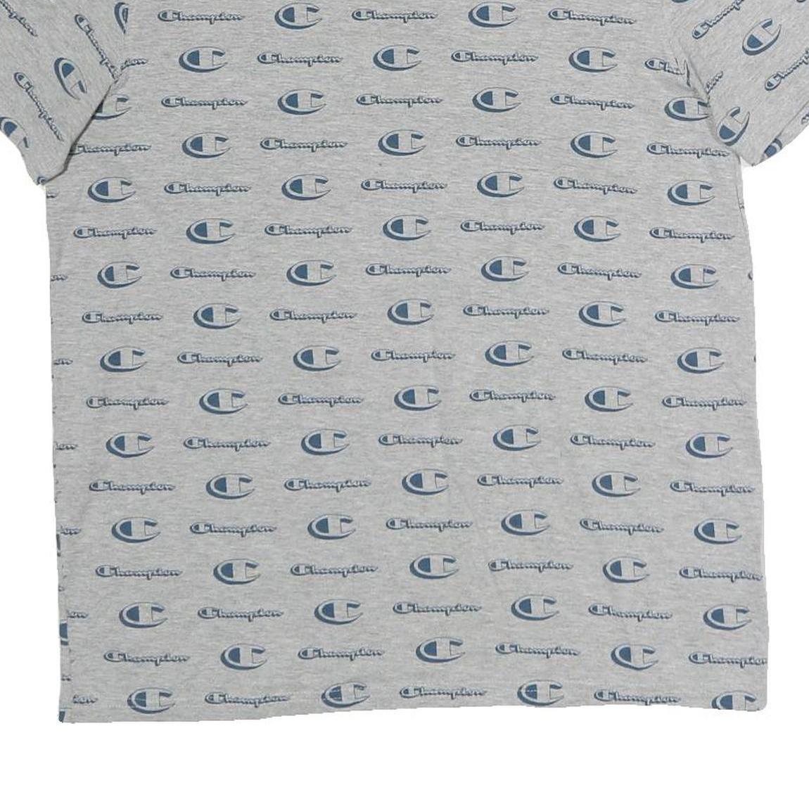 CHAMPION Mens Grey & Blue Logo Print T-Shirt M Short Sleeve Crew Neck Cotton