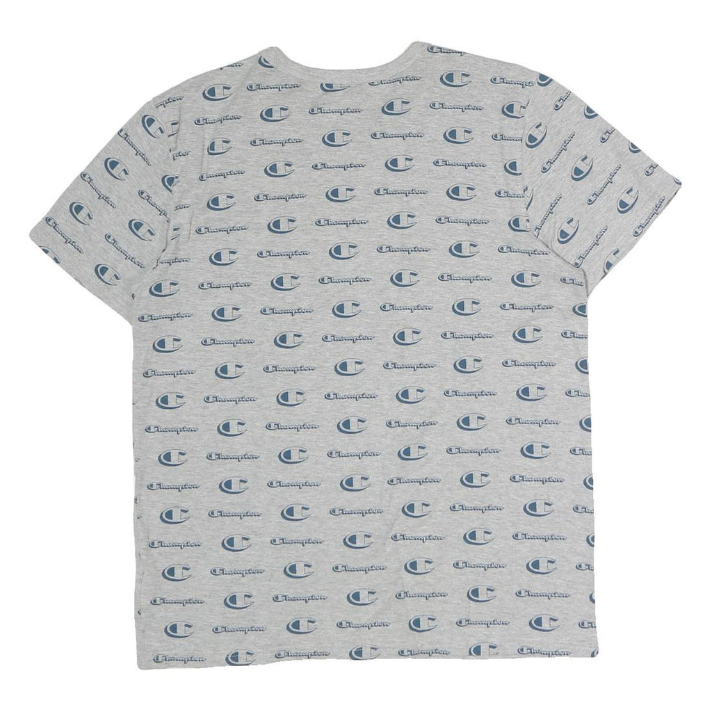 CHAMPION Mens Grey & Blue Logo Print T-Shirt M Short Sleeve Crew Neck Cotton