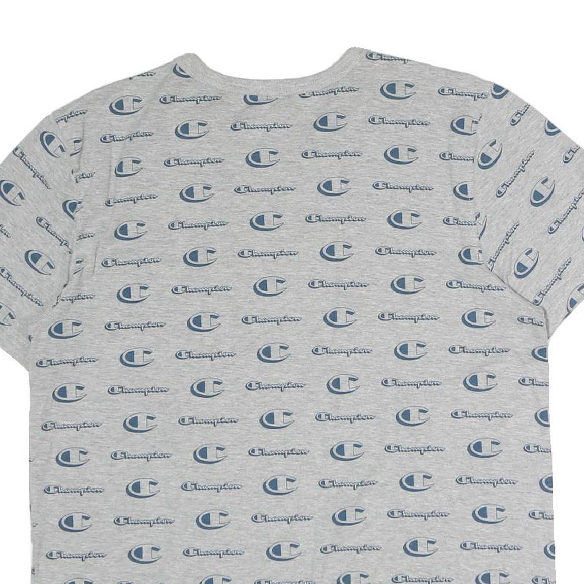 CHAMPION Mens Grey & Blue Logo Print T-Shirt M Short Sleeve Crew Neck Cotton
