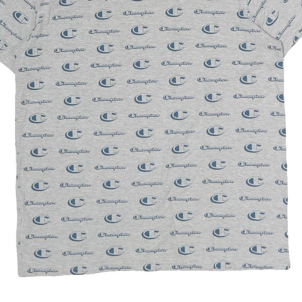 CHAMPION Mens Grey & Blue Logo Print T-Shirt M Short Sleeve Crew Neck Cotton