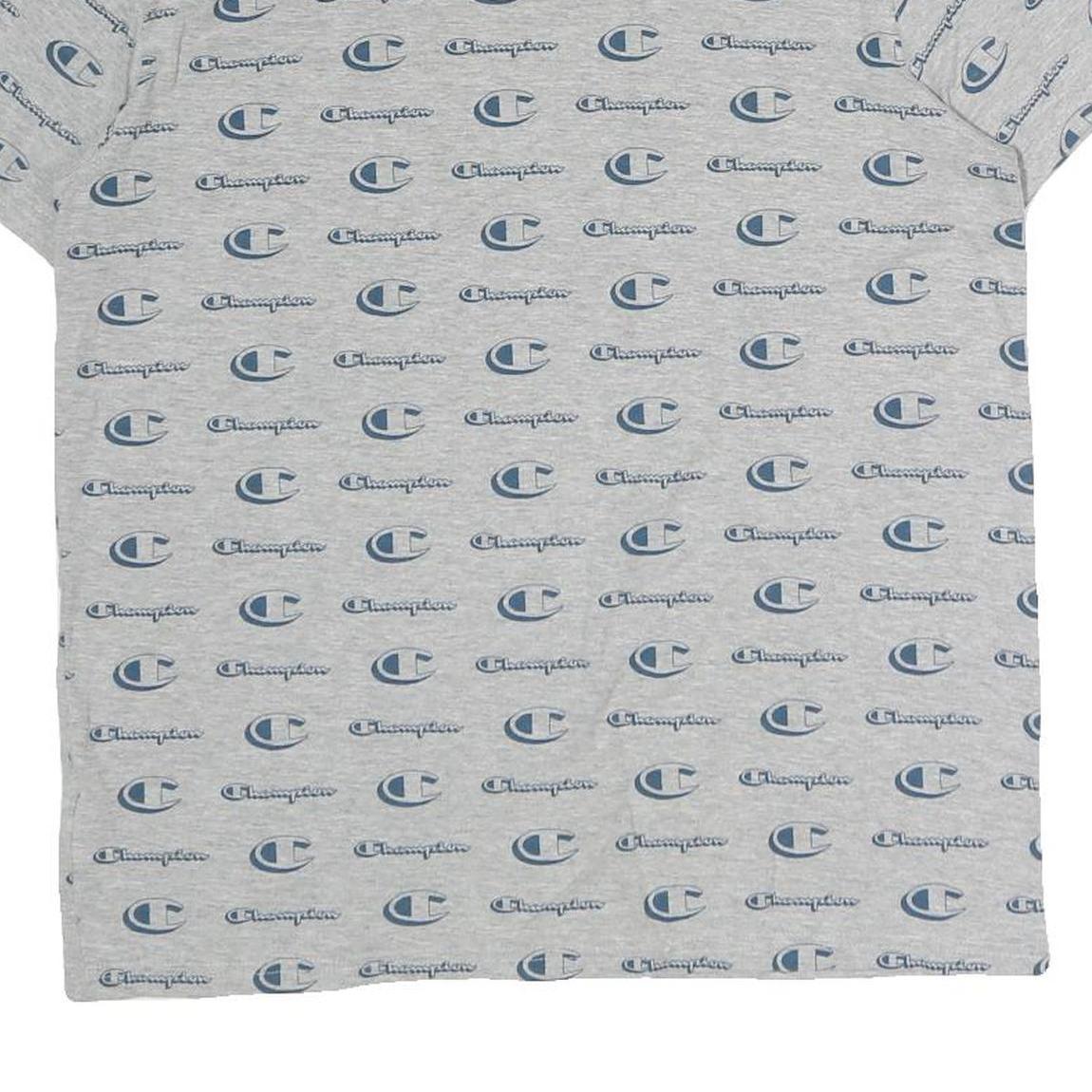 CHAMPION Mens Grey & Blue Logo Print T-Shirt M Short Sleeve Crew Neck Cotton