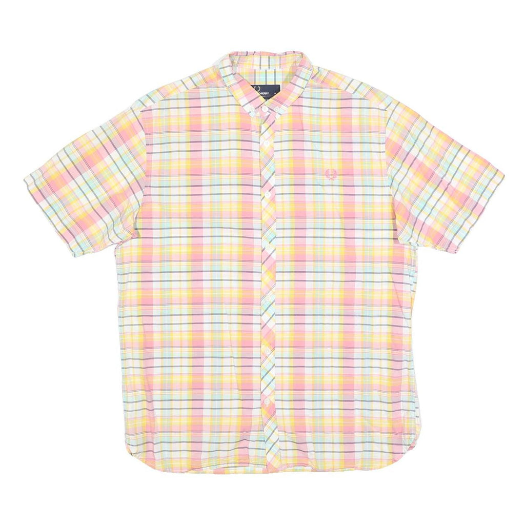 FRED PERRY Mens Pink & Yellow Check Shirt M Button Down Cotton Blend Casual