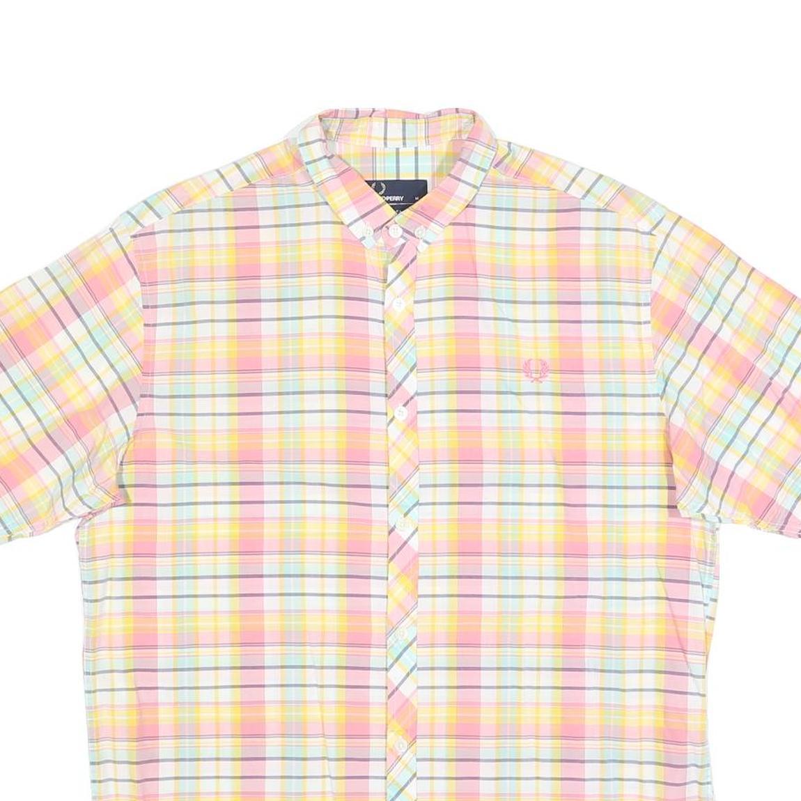 FRED PERRY Mens Pink & Yellow Check Shirt M Button Down Cotton Blend Casual