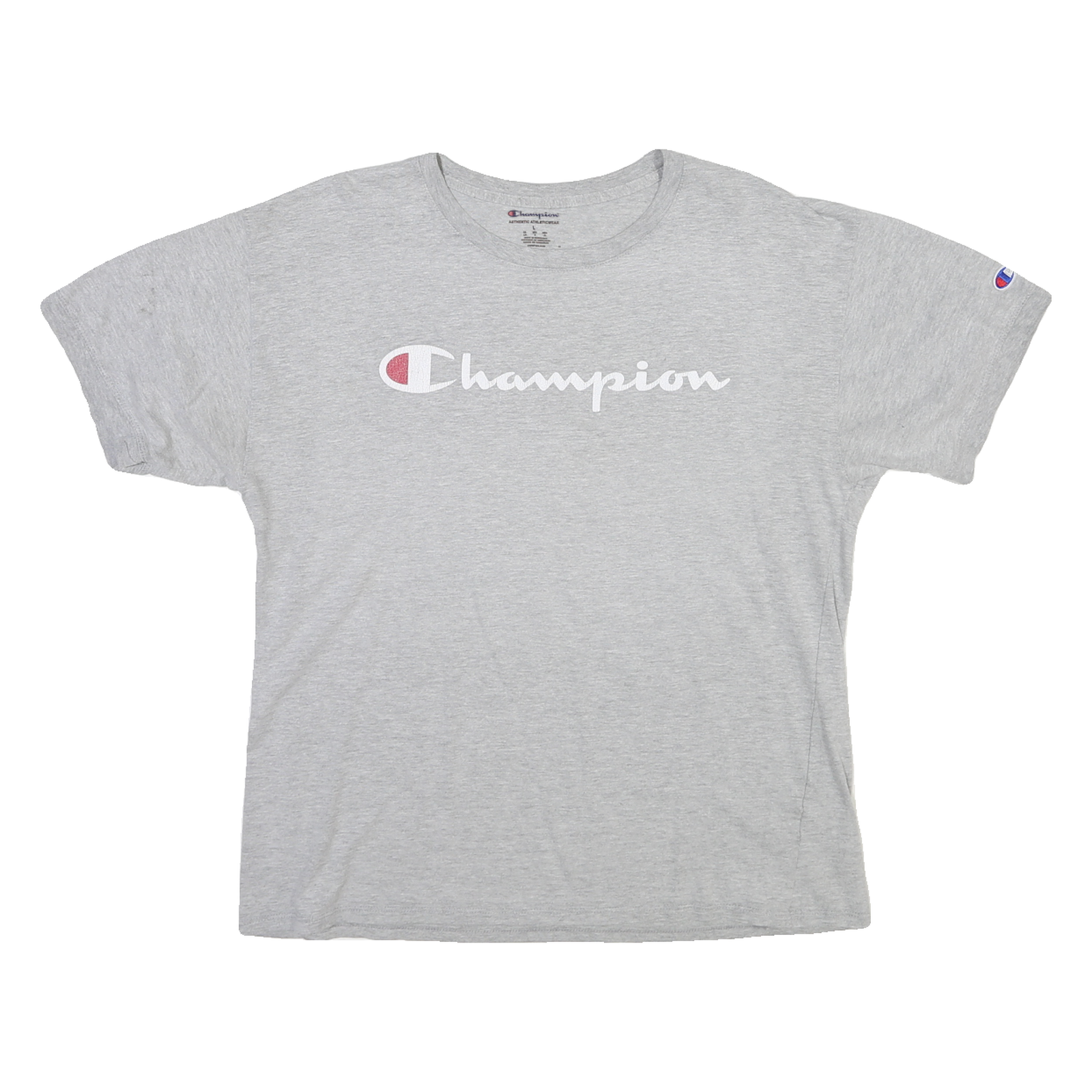 CHAMPION Mens Grey Graphic T-Shirt L Short Sleeve Crew Neck Logo Cotton Jersey