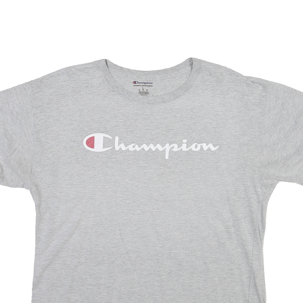 CHAMPION Mens Grey Graphic T-Shirt L Short Sleeve Crew Neck Logo Cotton Jersey