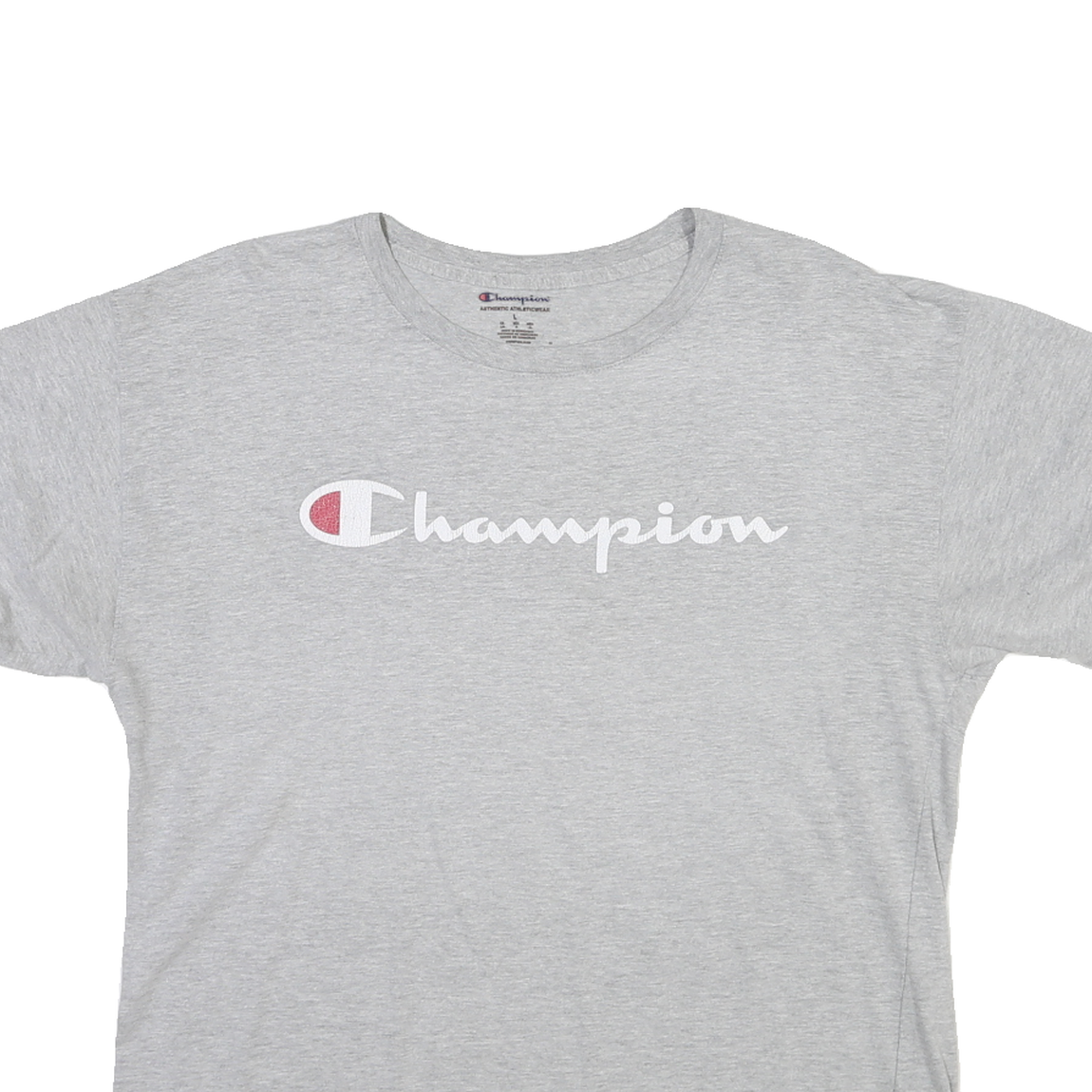 CHAMPION Mens Grey Graphic T-Shirt L Short Sleeve Crew Neck Logo Cotton Jersey