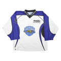 Mens White & Blue Graphic Hockey Jersey XL Long Sleeve V-Neck Sports Logo