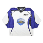 Mens White & Blue Graphic Hockey Jersey XL Long Sleeve V-Neck Sports Logo